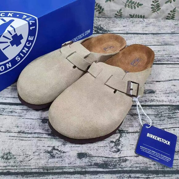 Birkenstock Boston Taupe Suede Clog Sandal - Picture 1 of 6